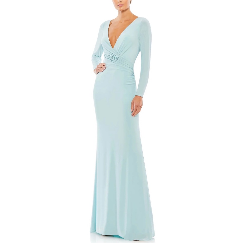 NEW Mac Duggal Ieena 26573 Long Sleeve Ruched V-Neck Gown, Blue, Size 6